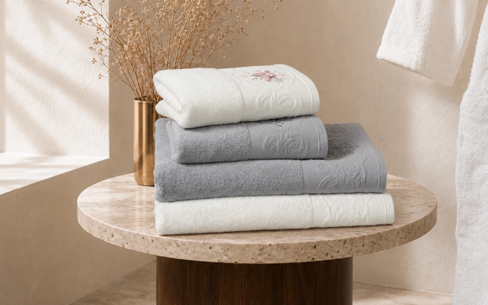 Fiesta Unisex Elite Cotton Embroidered Rococo Bathrobe Set 6 PCS - Cream & Grey