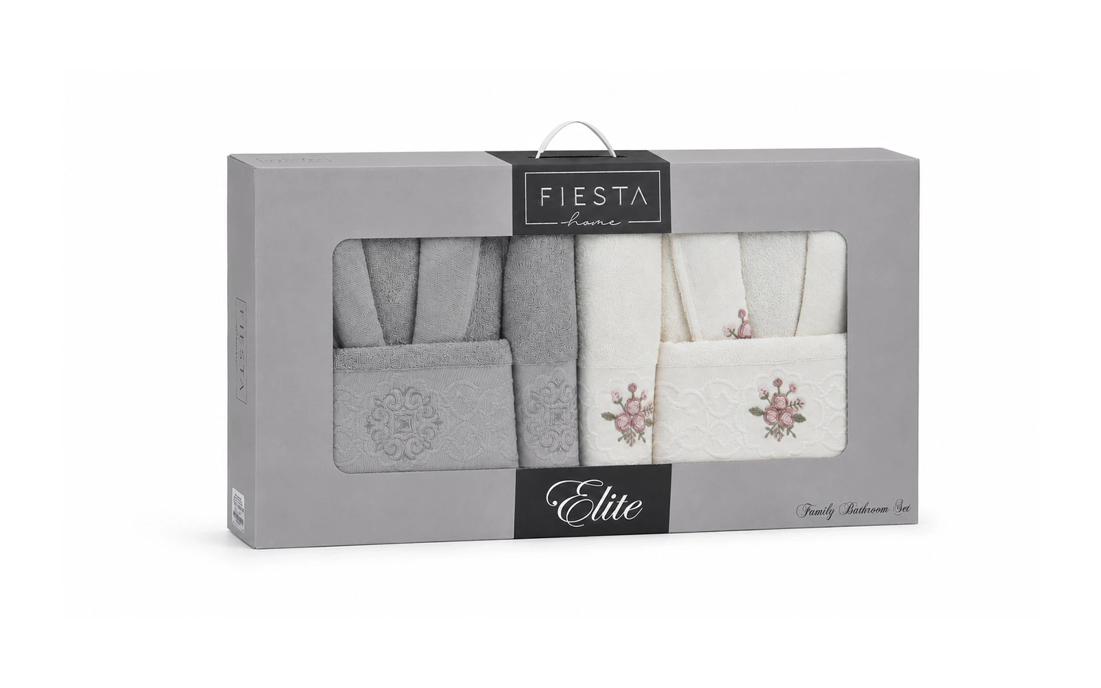 Fiesta Unisex Elite Cotton Embroidered Rococo Bathrobe Set 6 PCS - Cream & Grey