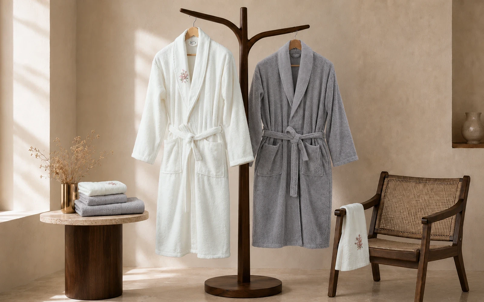 Fiesta Unisex Elite Cotton Embroidered Rococo Bathrobe Set 6 PCS - Cream & Grey