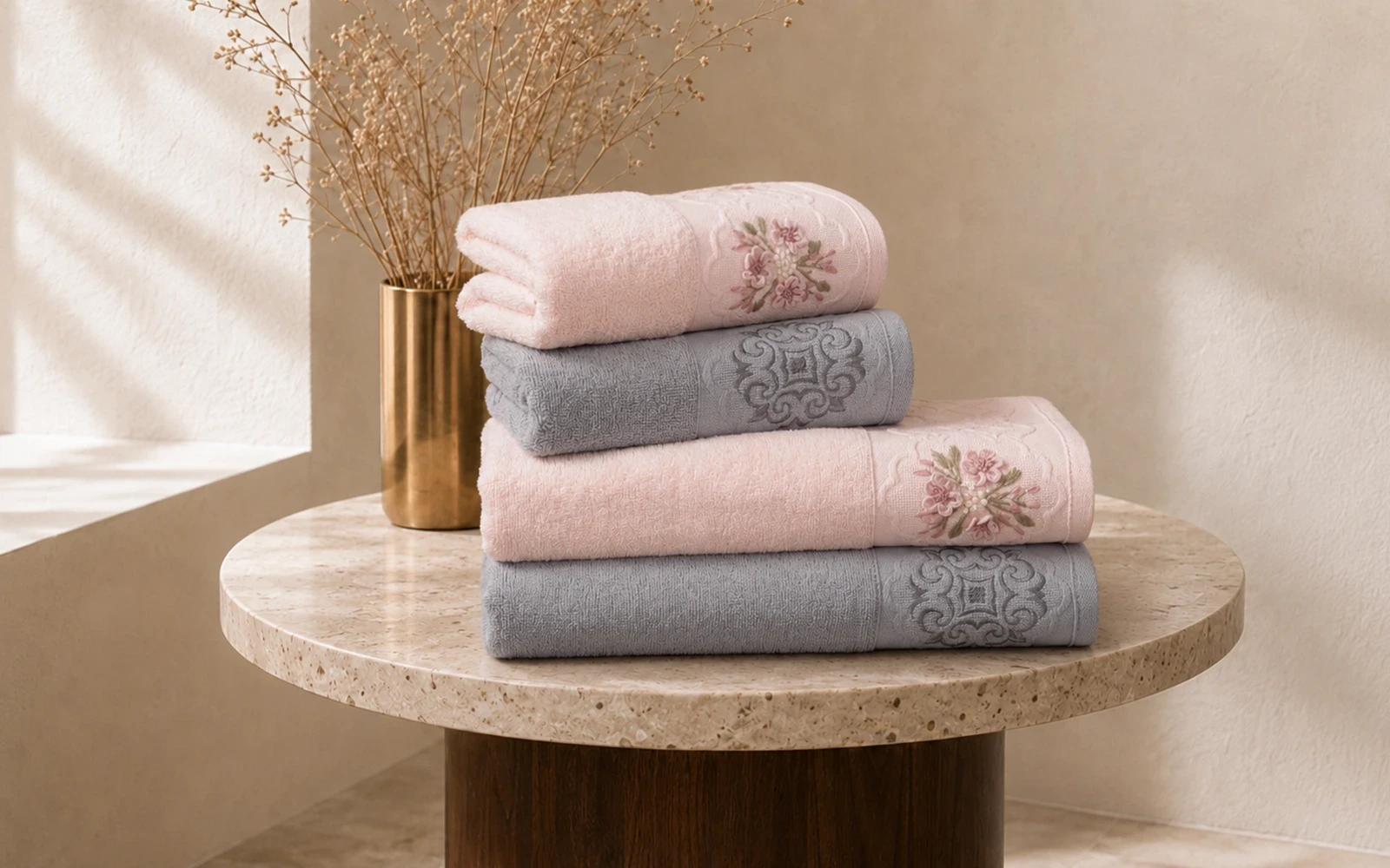 Fiesta Unisex Elite Cotton Embroidered Rococo Bathrobe Set 6 PCS - Grey & L.Pink
