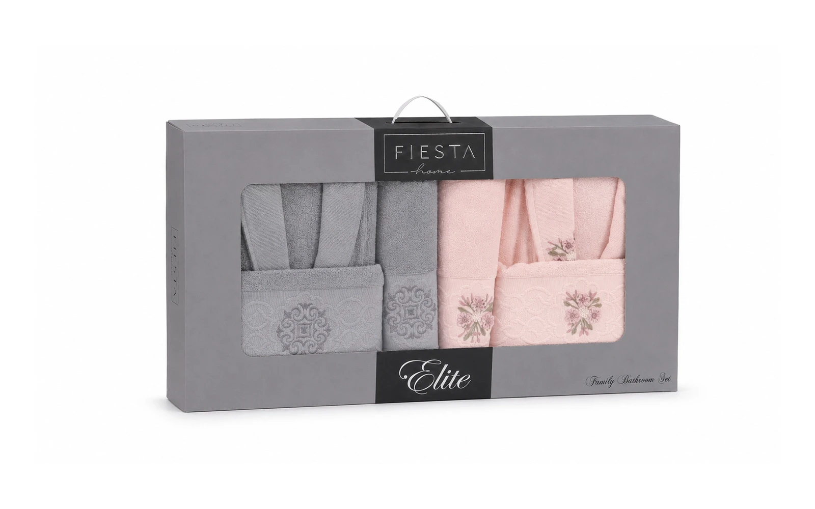 Fiesta Unisex Elite Cotton Embroidered Rococo Bathrobe Set 6 PCS - Grey & L.Pink