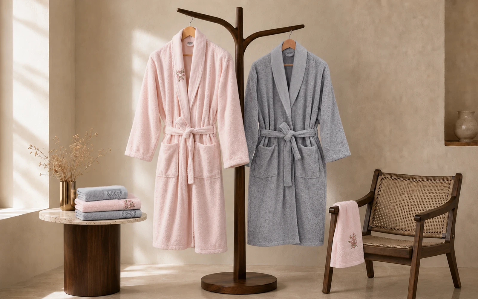 Fiesta Unisex Elite Cotton Embroidered Rococo Bathrobe Set 6 PCS - Grey & L.Pink