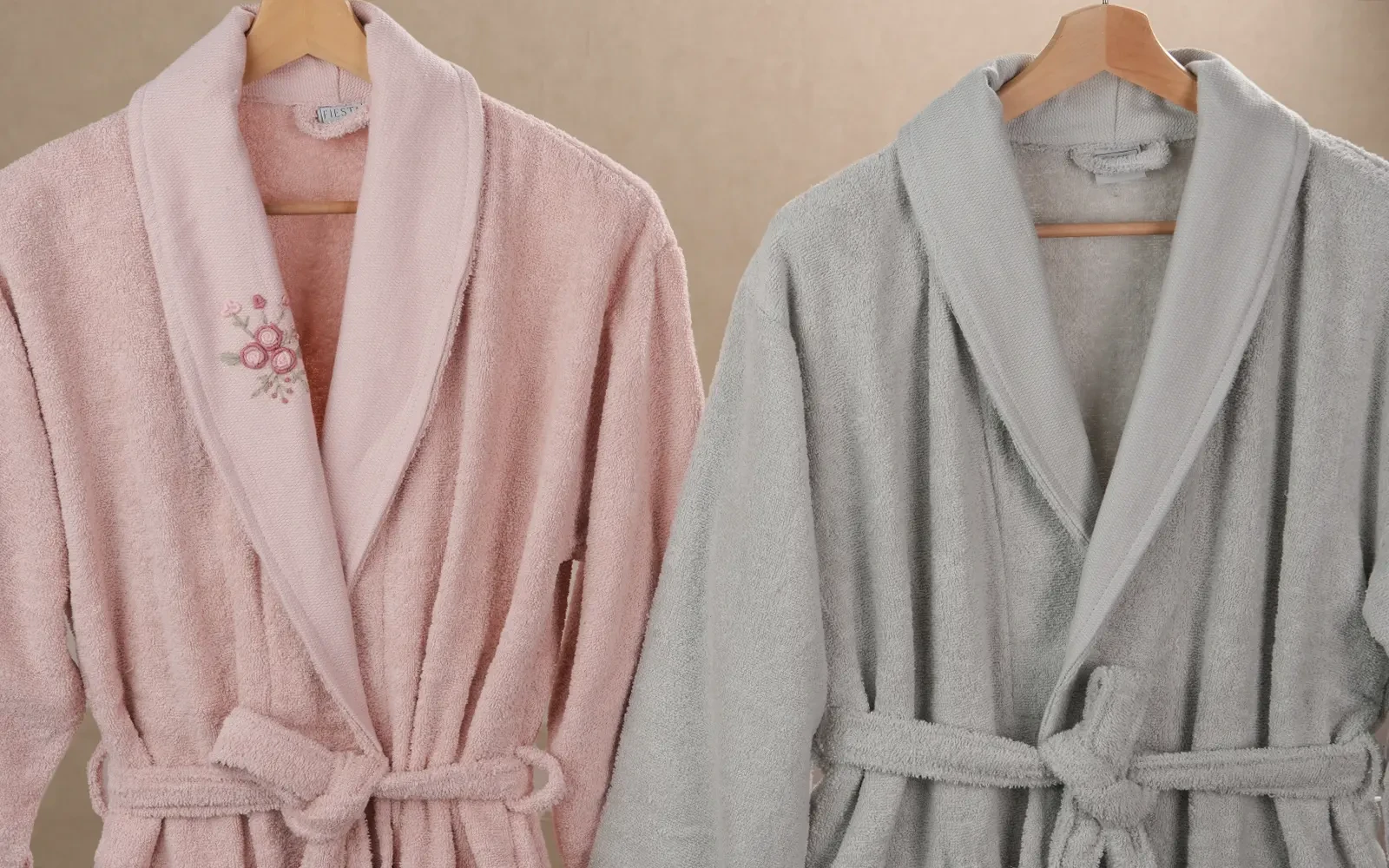 Fiesta Unisex Elite Cotton Embroidered Rococo Bathrobe Set 6 PCS - L.Grey & Pink