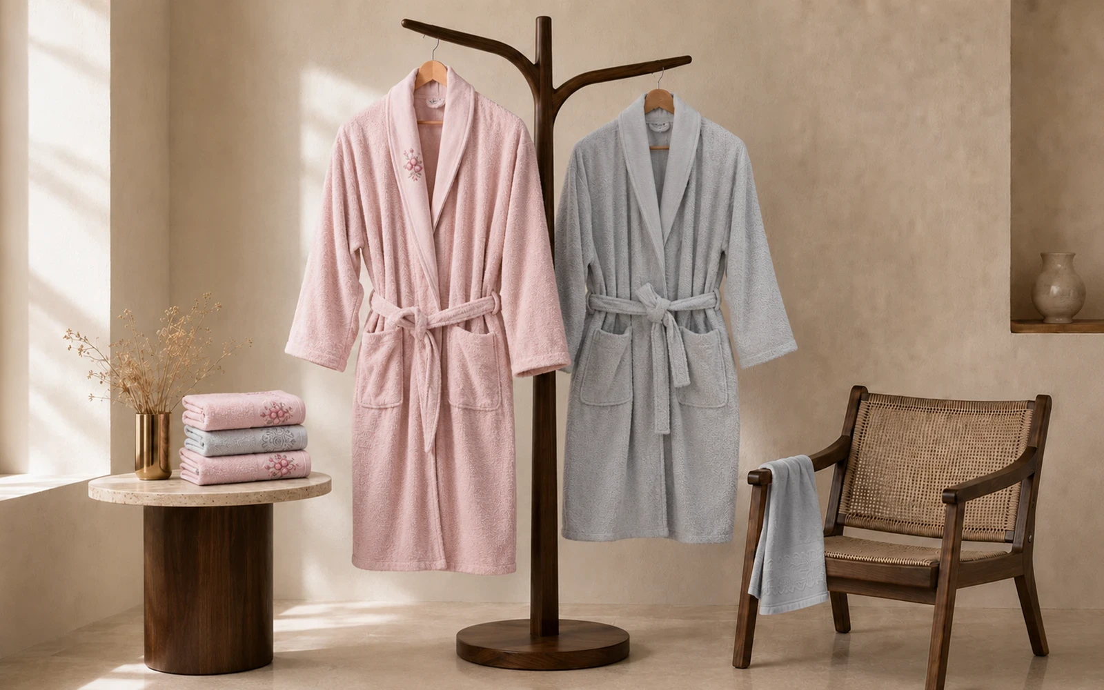 Fiesta Unisex Elite Cotton Embroidered Rococo Bathrobe Set 6 PCS - L.Grey & Pink