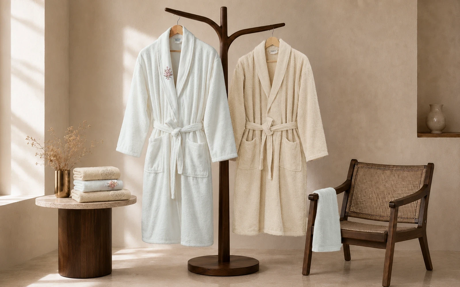 Fiesta Unisex Elite Cotton Embroidered Rococo Bathrobe Set 6 PCS - Cream & Beige