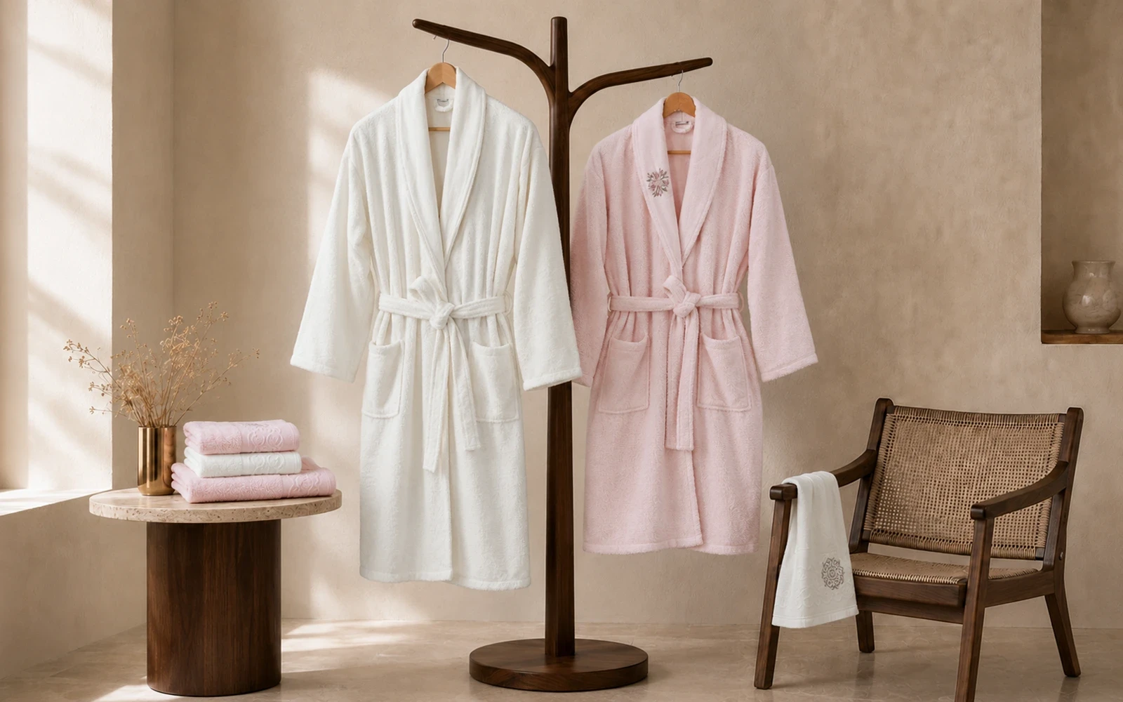 Fiesta Unisex Elite Cotton Embroidered Rococo Bathrobe Set 6 PCS - Cream & L.Pink