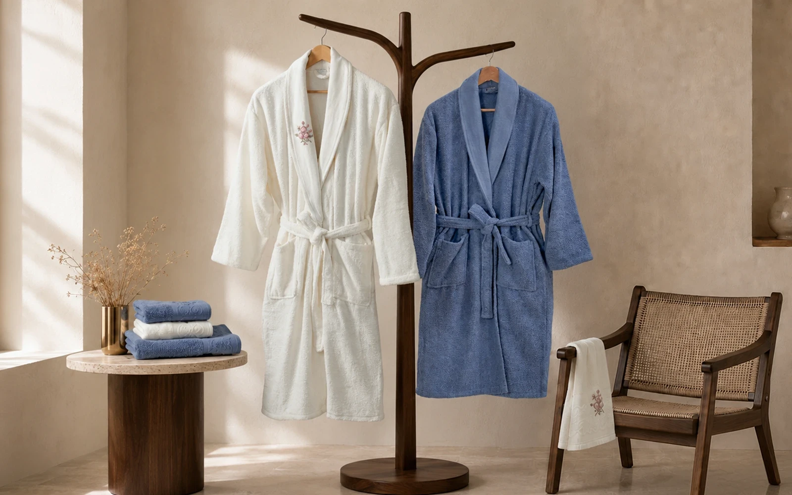 Fiesta Unisex Elite Cotton Embroidered Rococo Bathrobe Set 6 PCS - White & Blue