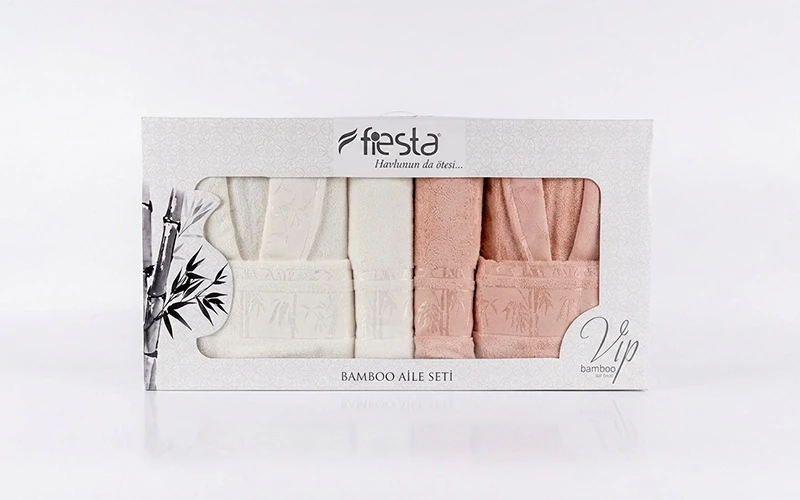 Premium Bambo Jacquard Bathrobe Set 6 PCS - Cream & Peach