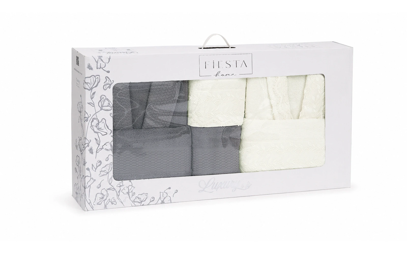Fiesta Unisex Luxury Cotton 3D Boucle Bathrobe Set 6 PCS  - Cream & Grey