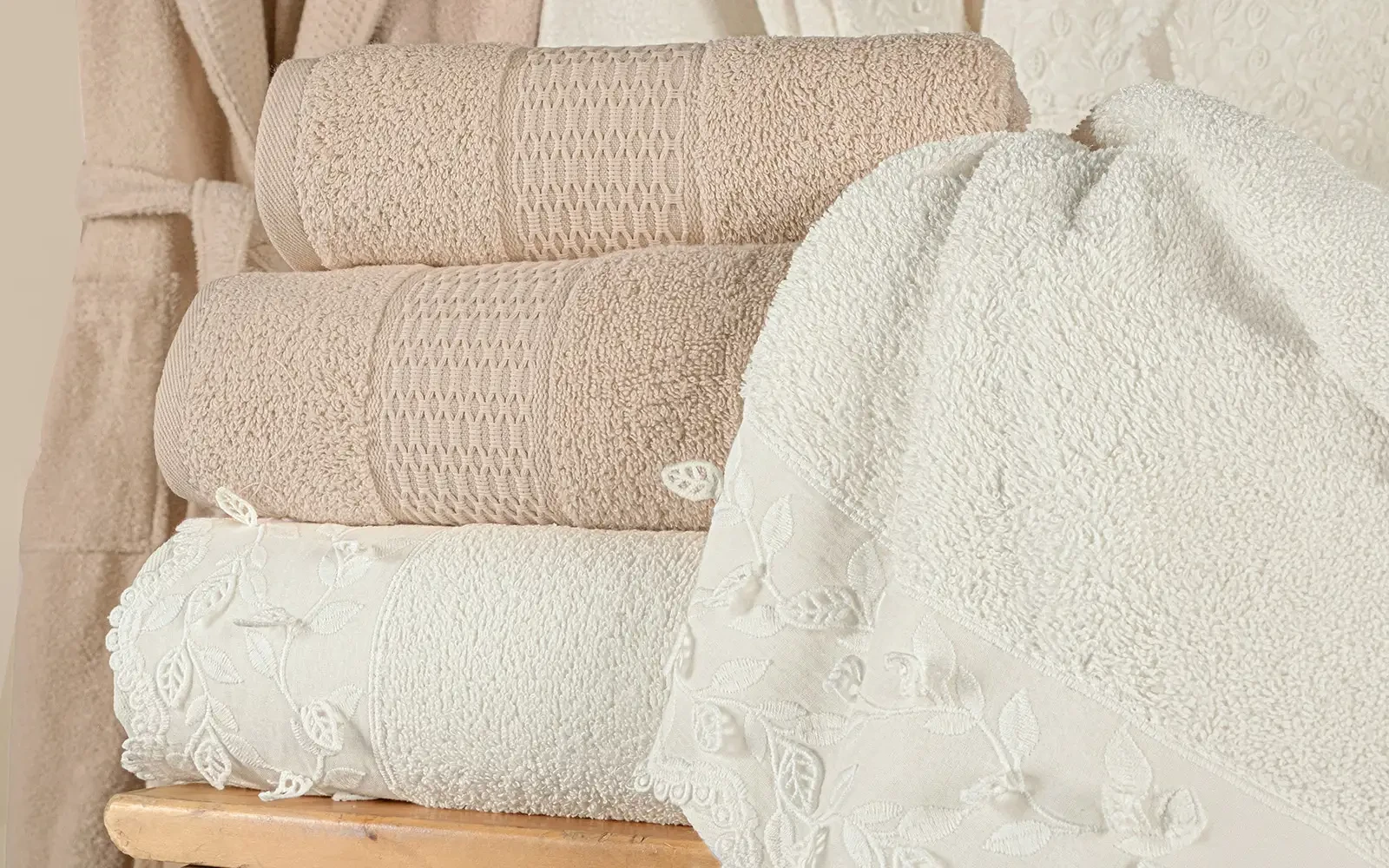 Fiesta Unisex Luxury Cotton 3D Boucle Bathrobe Set 6 PCS - Cream & Beige