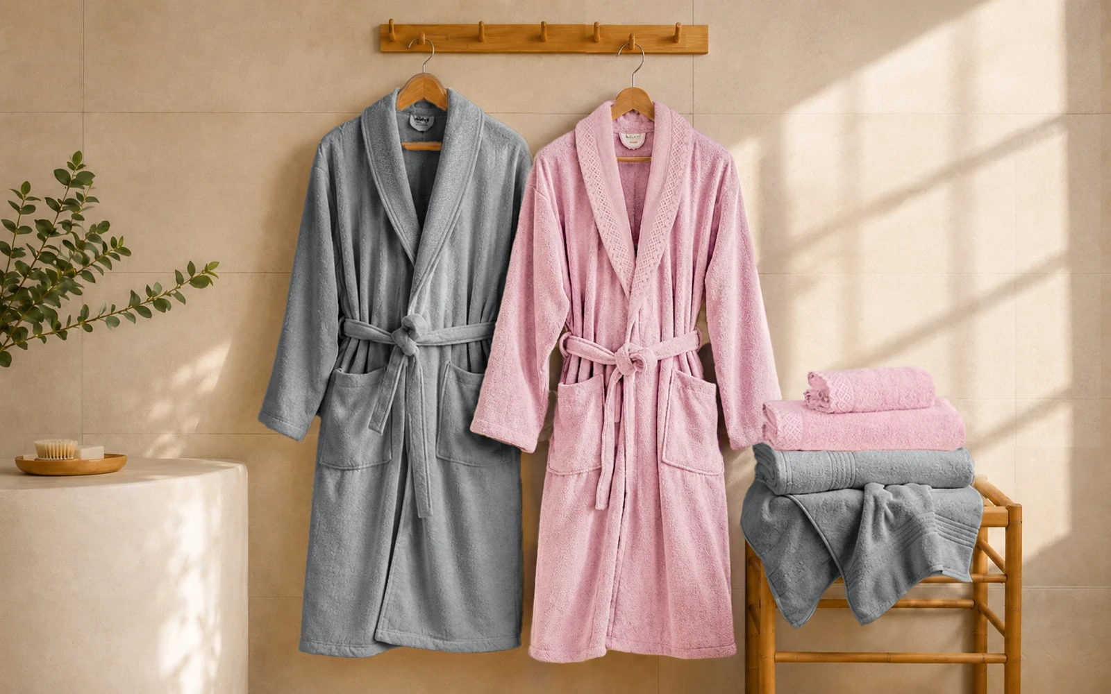 Fiesta Unisex Kopenaki Cotton Boucel Textured Bathrobe Set 6 PCS - D.Grey & L.Pink