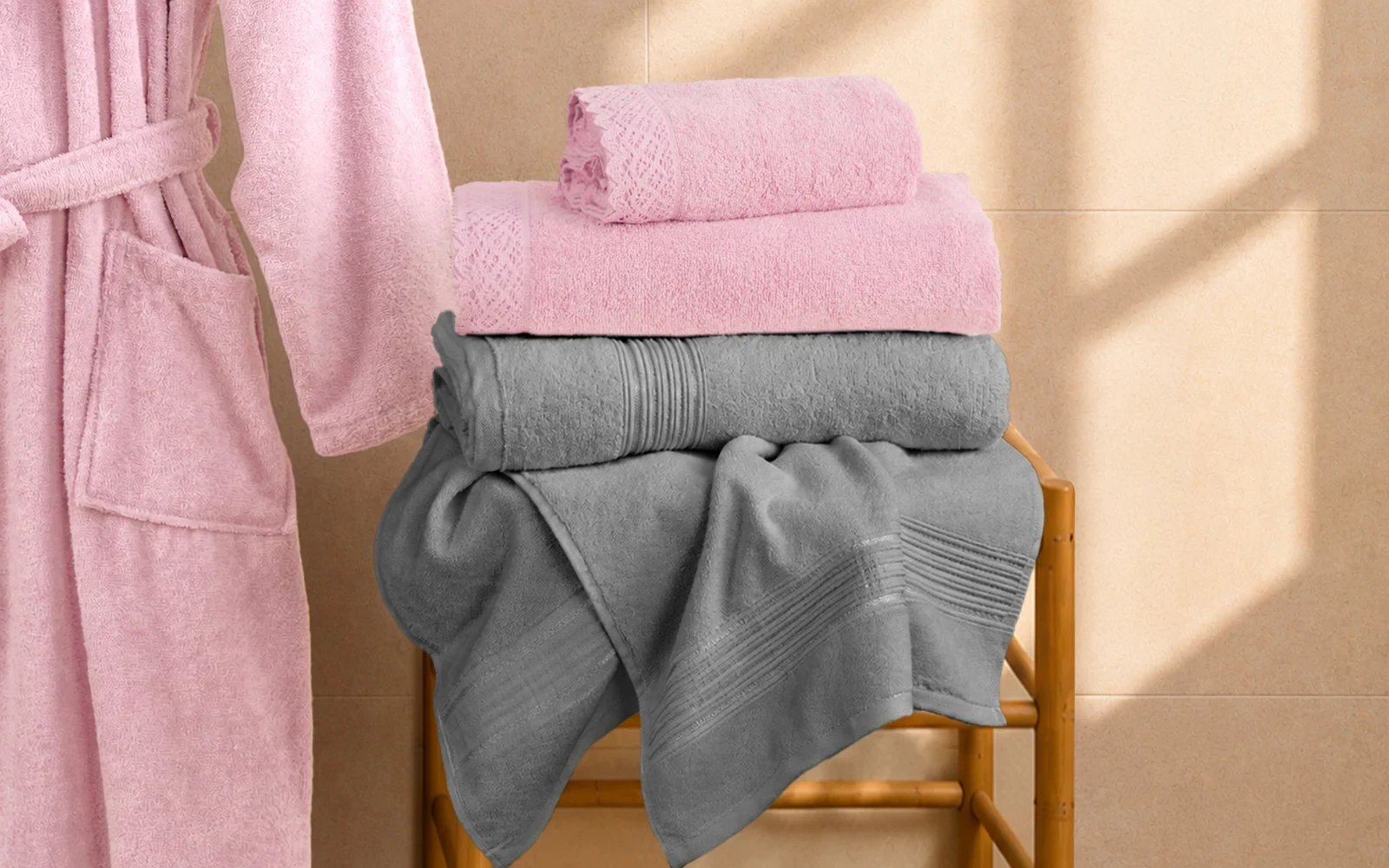 Fiesta Unisex Kopenaki Cotton Boucel Textured Bathrobe Set 6 PCS - D.Grey & L.Pink