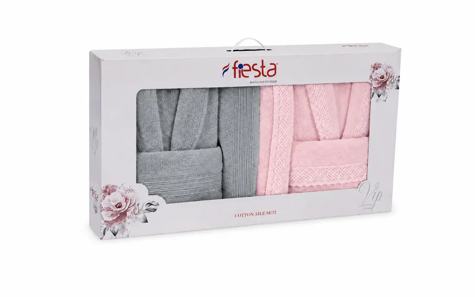 Fiesta Unisex Kopenaki Cotton Boucel Textured Bathrobe Set 6 PCS - D.Grey & L.Pink