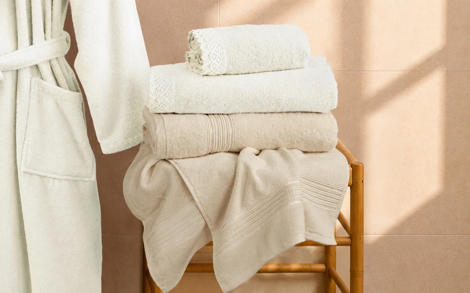 Fiesta Unisex Kopenaki Cotton Boucel Textured Bathrobe Set 6 PCS - Cream & L.Beige