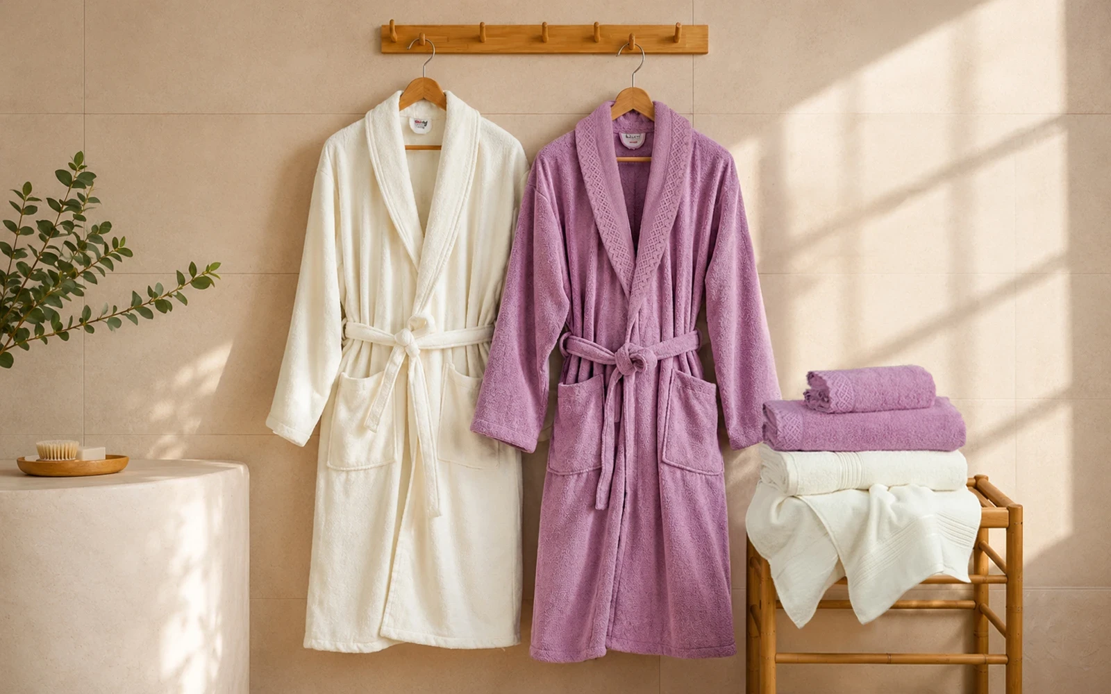 Fiesta Unisex Kopenaki Cotton Boucel Textured Bathrobe Set 6 PCS - Cream & Pink