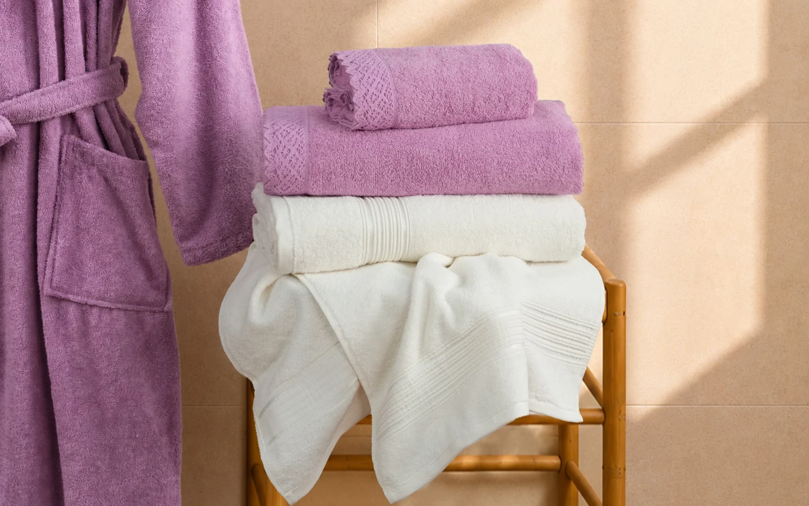 Fiesta Unisex Kopenaki Cotton Boucel Textured Bathrobe Set 6 PCS - Cream & Pink