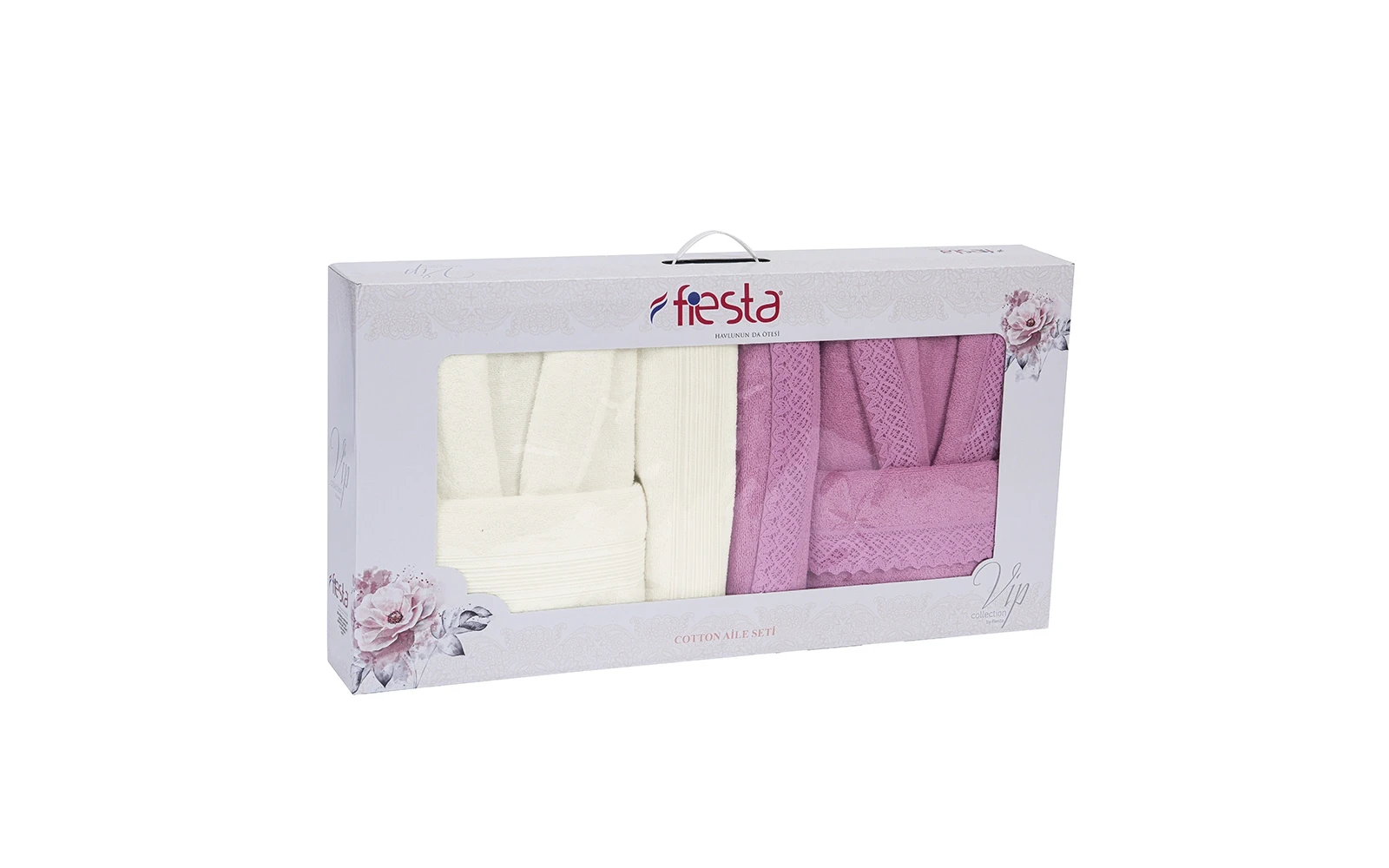 Fiesta Unisex Kopenaki Cotton Boucel Textured Bathrobe Set 6 PCS - Cream & Pink