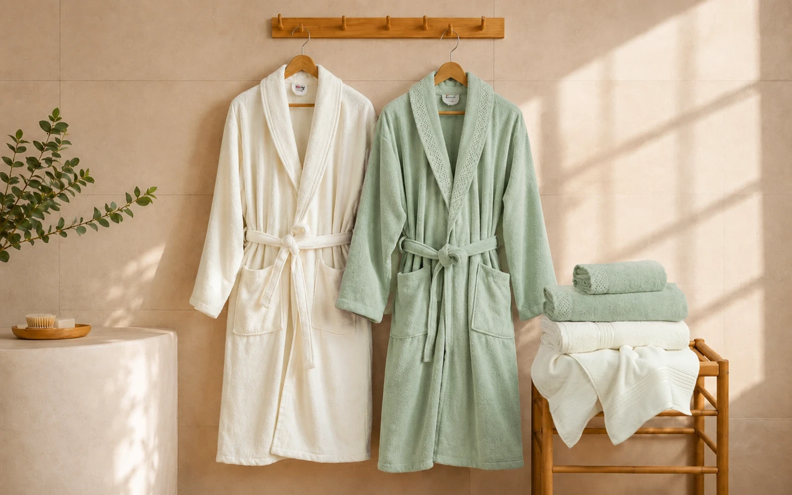 Fiesta Unisex Kopenaki Cotton Boucel Textured Bathrobe Set 6 PCS - Cream & Green