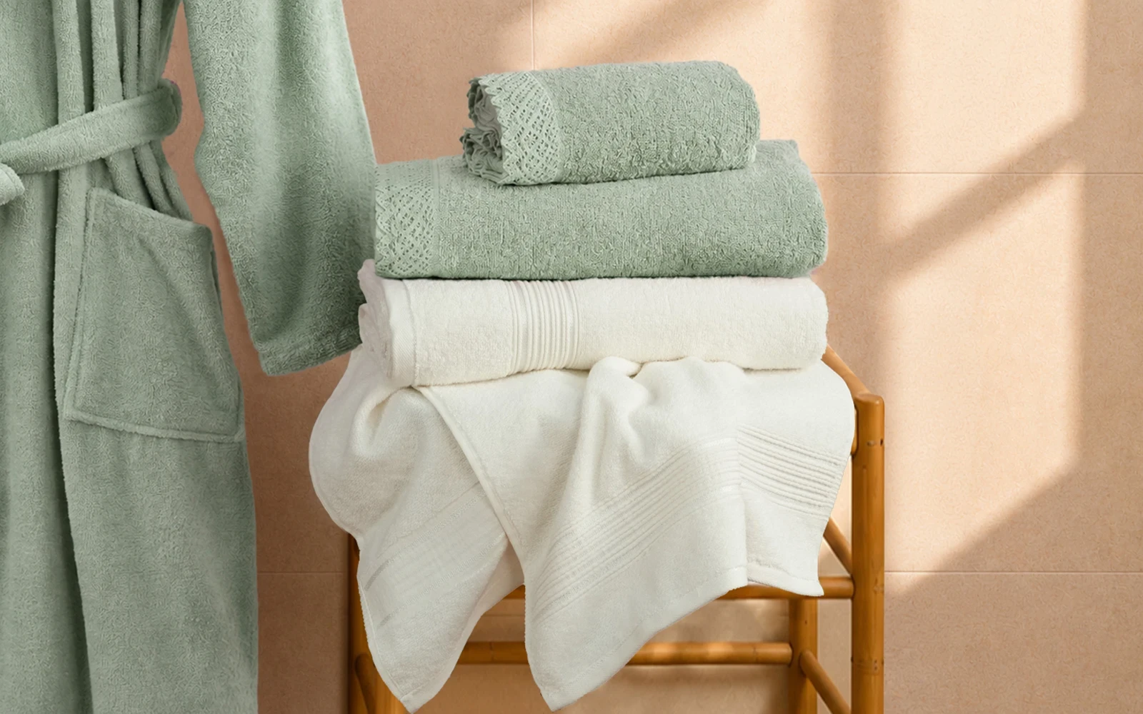 Fiesta Unisex Kopenaki Cotton Boucel Textured Bathrobe Set 6 PCS - Cream & Green