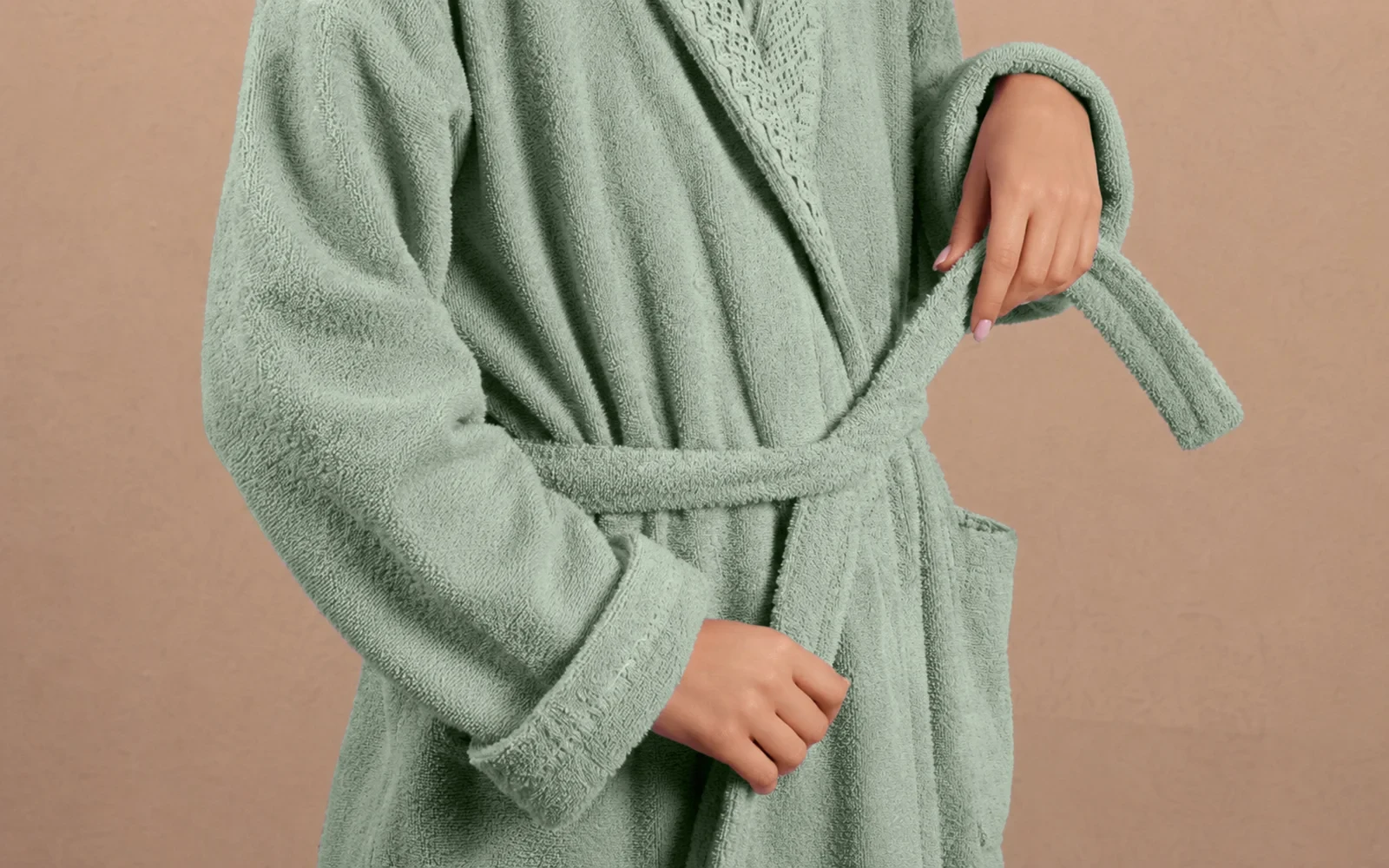 Fiesta Unisex Kopenaki Cotton Boucel Textured Bathrobe Set 6 PCS - Cream & Green