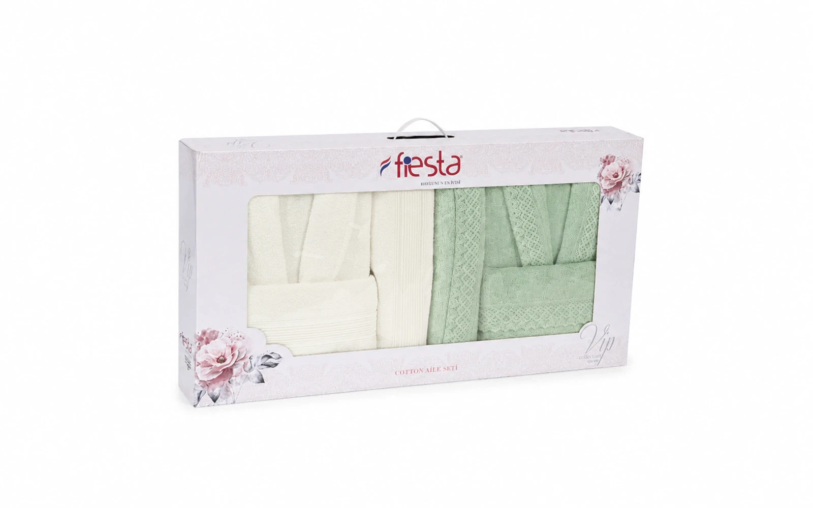 Fiesta Unisex Kopenaki Cotton Boucel Textured Bathrobe Set 6 PCS - Cream & Green