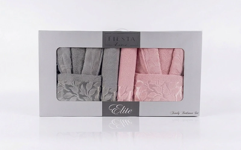 Elite Cotton Jacquard Bathrobe Set 6 PCS - D.Grey & Peach