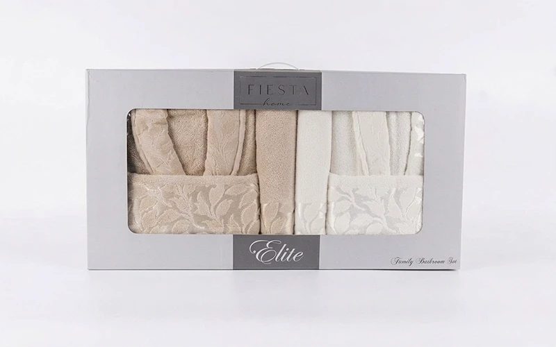 Elite Cotton Jacquard Bathrobe Set 6 PCS - Cream & Beige