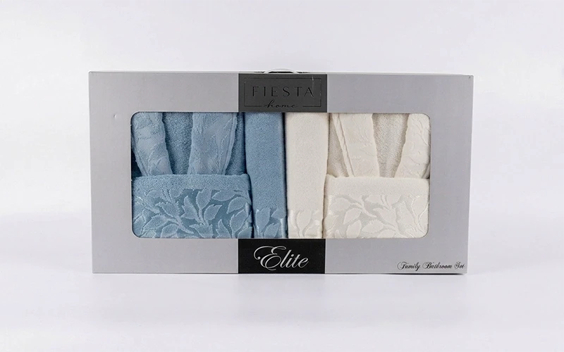 Elite Cotton Jacquard Bathrobe Set 6 PCS - Cream & L.Blue