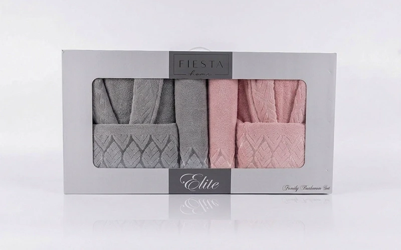 Elite Cotton Jacquard Bathrobe Set 6 PCS - D.Grey & Peach