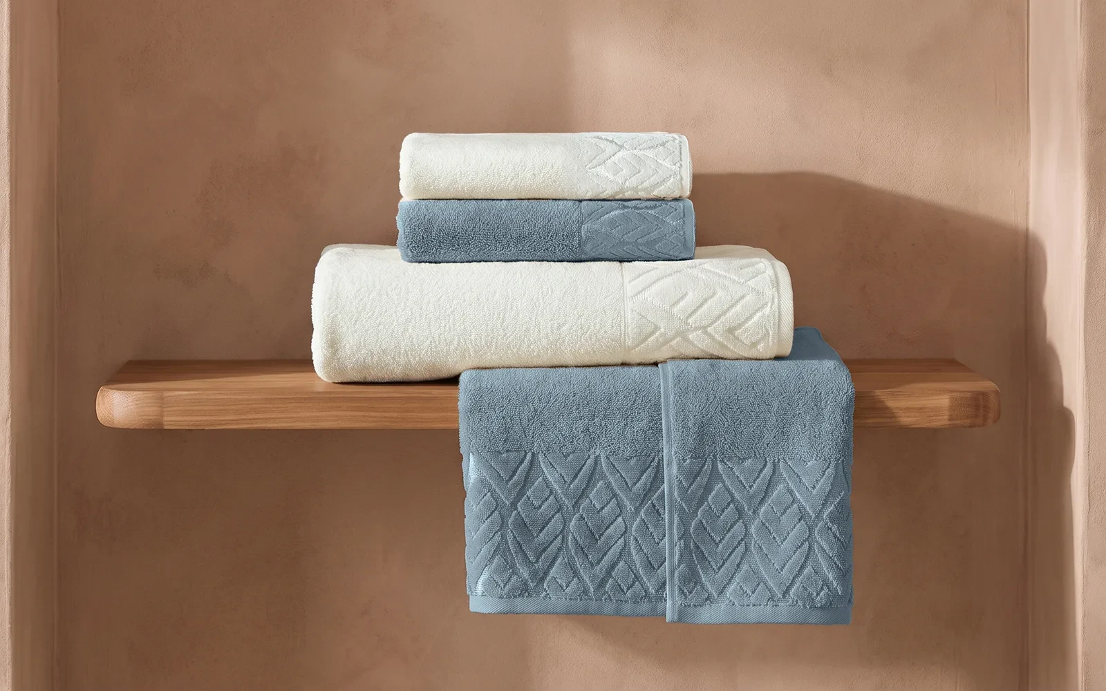 Fiesta Unisex Elite Cotton Jacquard Bathrobe Set 6 PCS - Cream & Blue