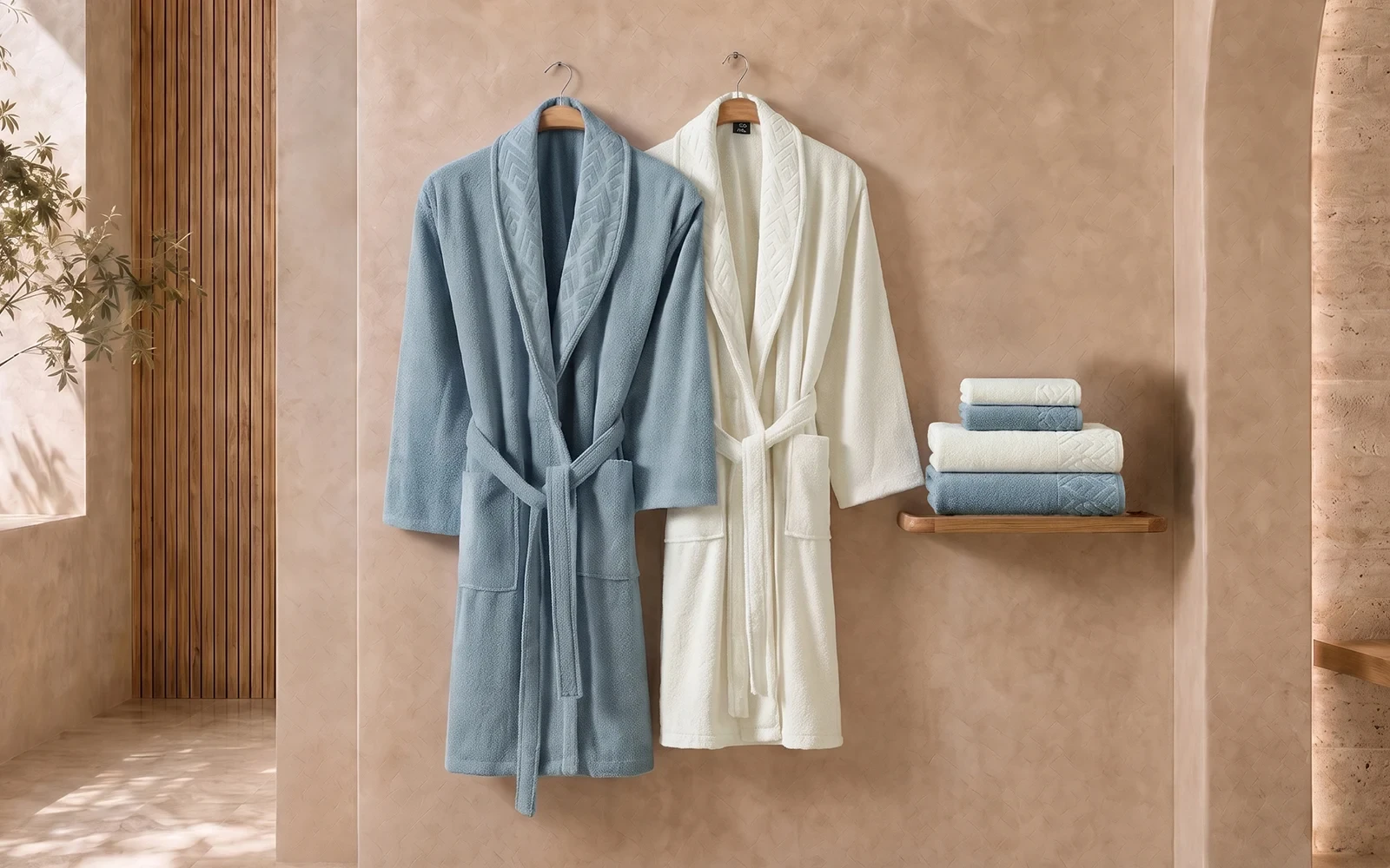 Fiesta Unisex Elite Cotton Jacquard Bathrobe Set 6 PCS - Cream & Blue