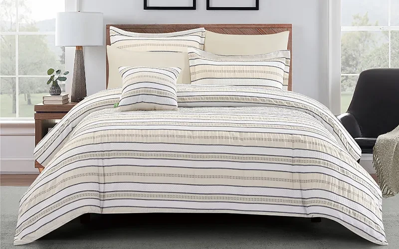 Valentini Jacquard Stripe Comforter Bedding Set 7 PCS - King L.Beige