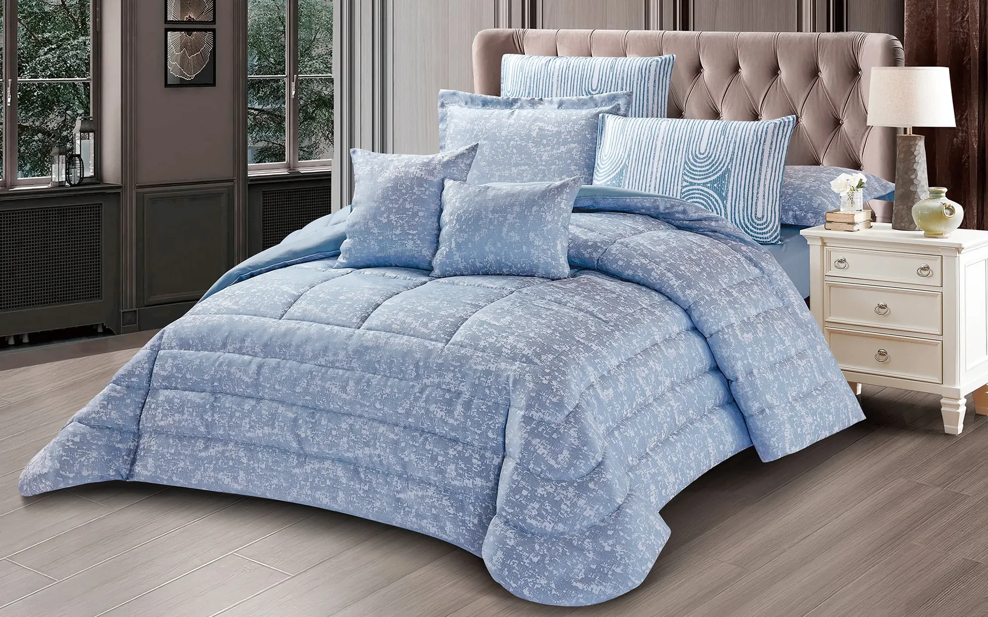 Abstract Jacquard Comforter Bedding Set 8 PCS - King Blue