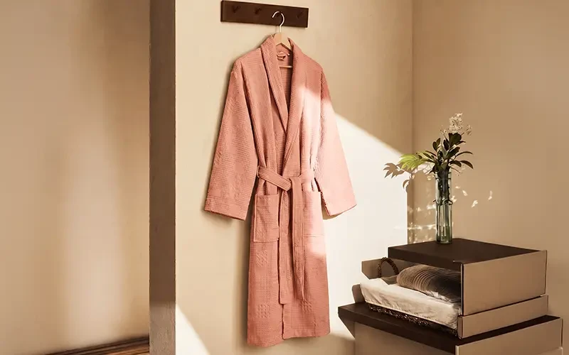 Turkish Unisex Cotton Waffle Bathrobe 1 PC - pudra ( S / M )