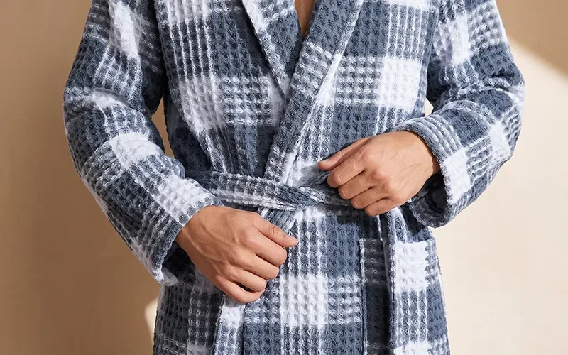 Stella Turkish Unisex Cotton Waffle Bathrobe 1PC - D.Blue & Off White ( S / M )