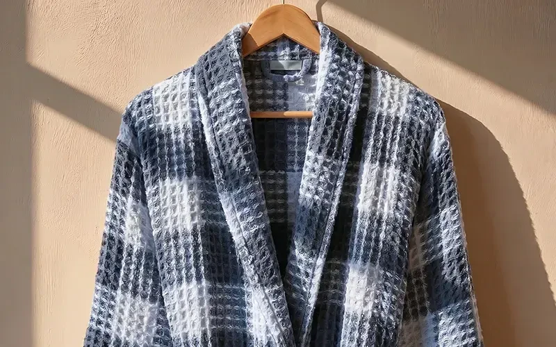 Stella Turkish Unisex Cotton Waffle Bathrobe 1PC - D.Blue & Off White ( S / M )