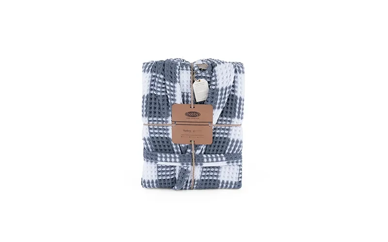 Stella Turkish Unisex Cotton Waffle Bathrobe 1PC - D.Blue & Off White ( S / M )