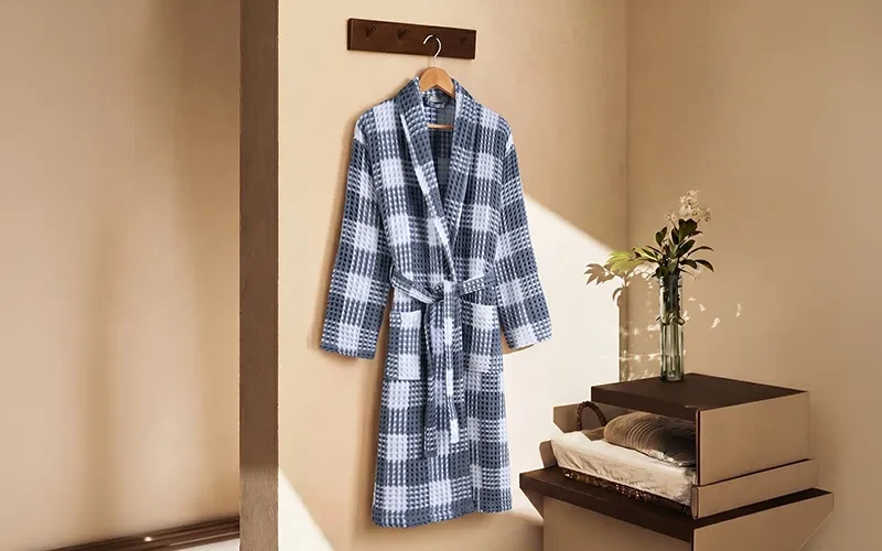 Stella Turkish Unisex Cotton Waffle Bathrobe 1PC - D.Blue & Off White ( S / M )