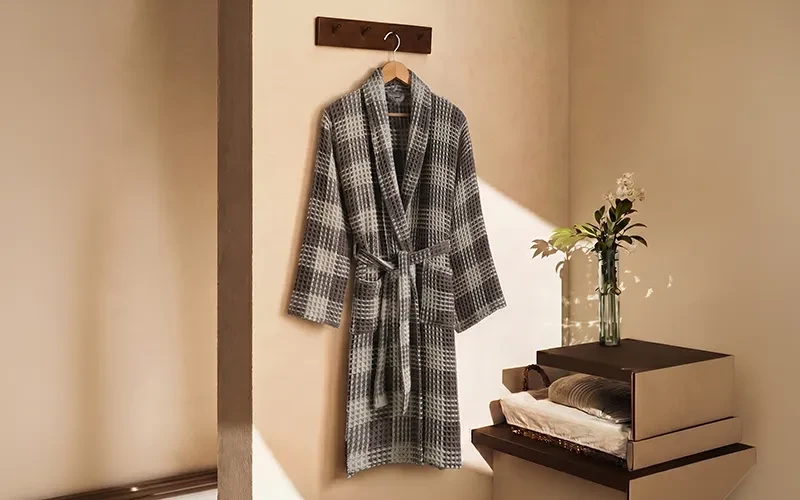 Stella Turkish Unisex Cotton Waffle Bathrobe 1PC - L.Brawn & L.Beige ( S / M )