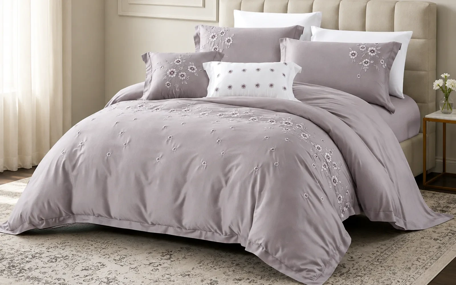Isabella Cotton Embroidered Duvet Cover Bedding Set With Filling 9 PCS - King Grey