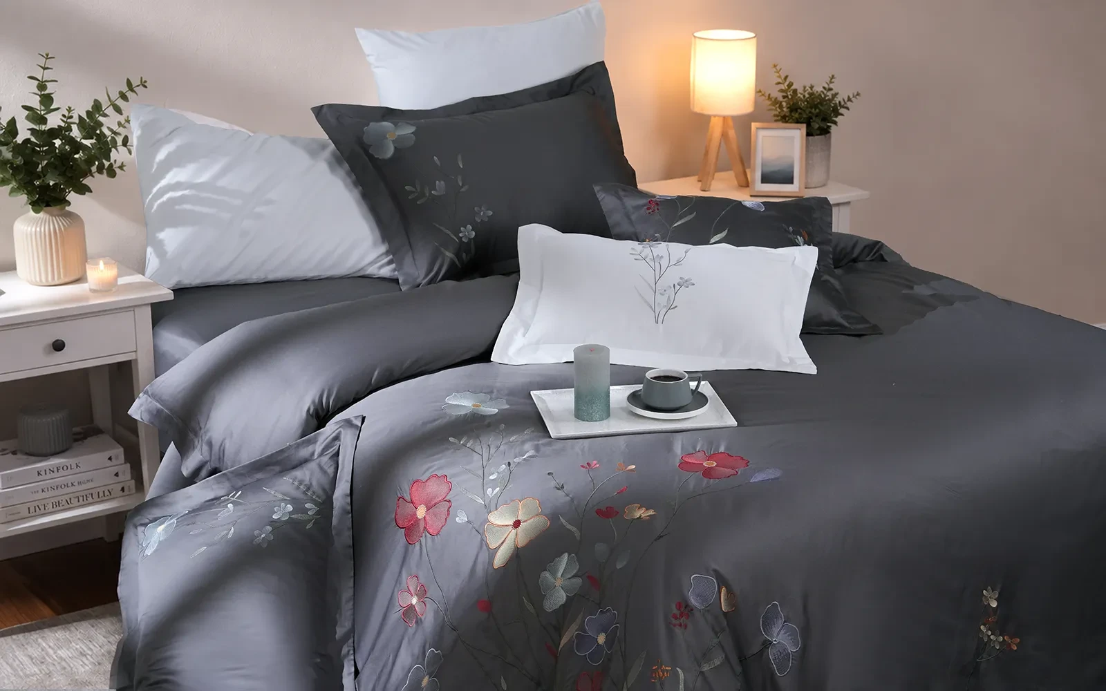 Isabella Cotton Embroidered Duvet Cover Bedding Set With Filling 9 PCS - King D.Grey