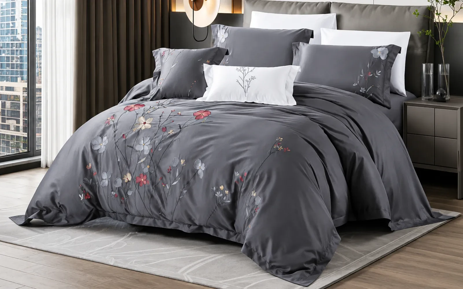 Isabella Cotton Embroidered Duvet Cover Bedding Set With Filling 9 PCS - King D.Grey