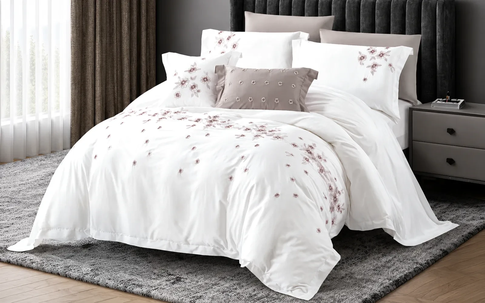 Isabella Cotton Embroidered Duvet Cover Bedding Set With Filling 9 PCS - King Off White & L.Purple