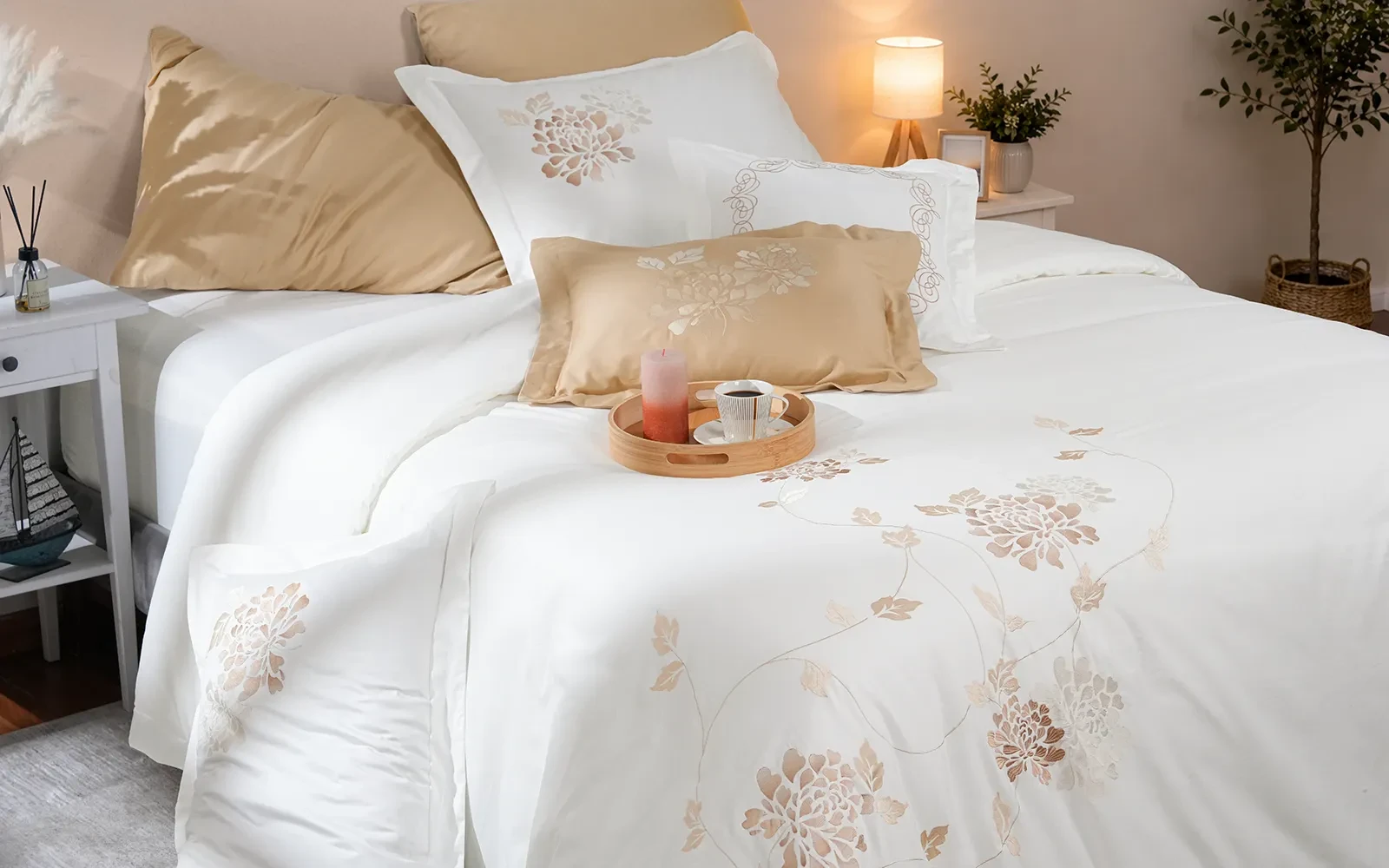 Isabella Cotton Embroidered Duvet Cover Bedding Set With Filling 9 PCS - King Off White & L.Beige
