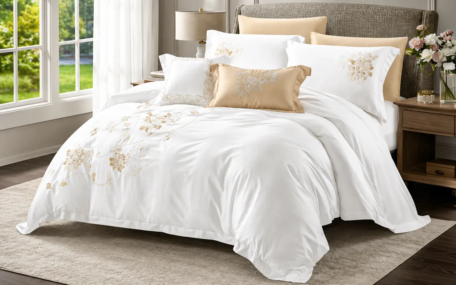 Isabella Cotton Embroidered Duvet Cover Bedding Set With Filling 9 PCS - King Off White & L.Beige