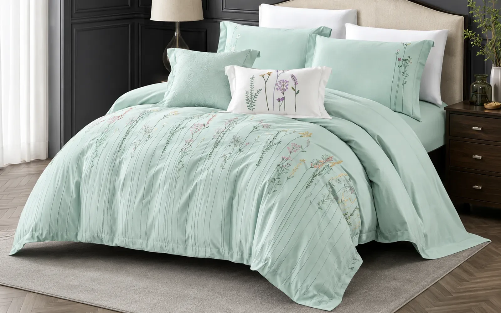 Isabella Cotton Embroidered Duvet Cover Bedding Set With Filling 9 PCS - King L.Green