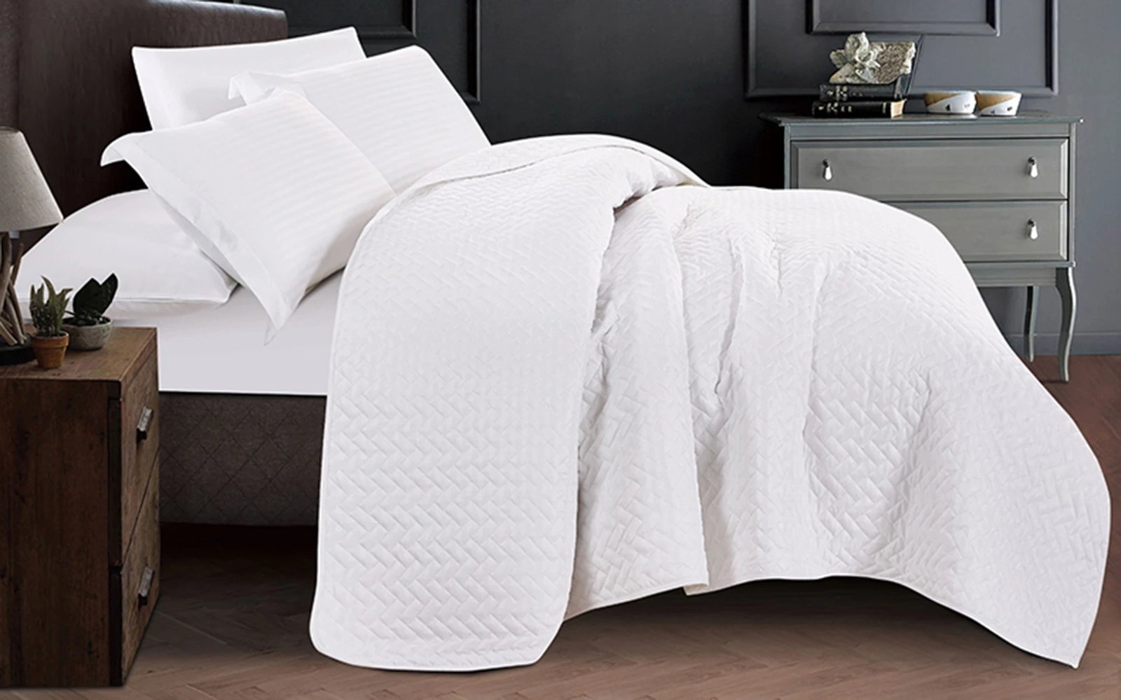 Dalinda Stripe BedSpread Bedding Set 4 PCS - Single White