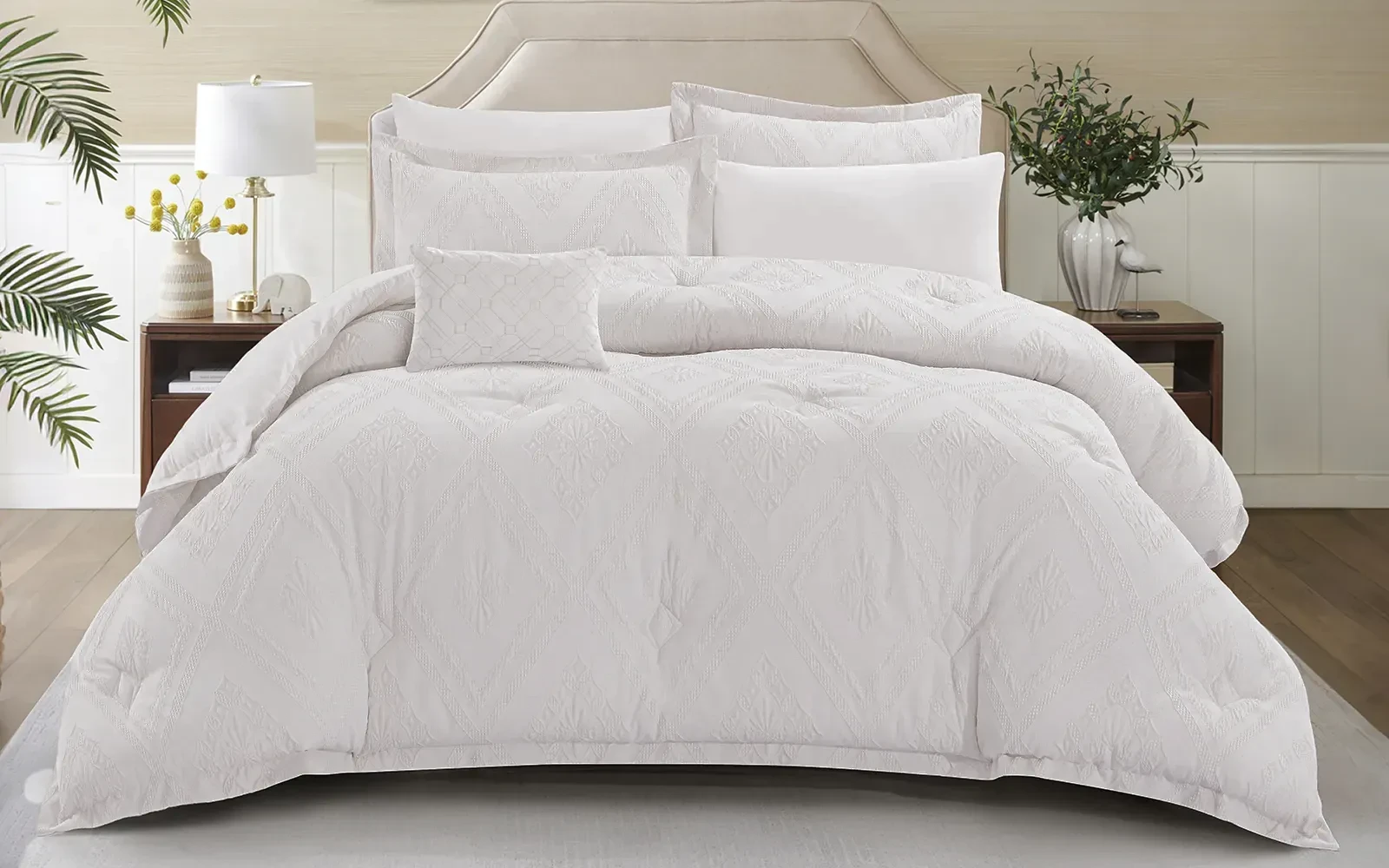 Andalus Cotton Waffle  Jacquard Comforter Bedding Set 7 PCS - King L.Beige
