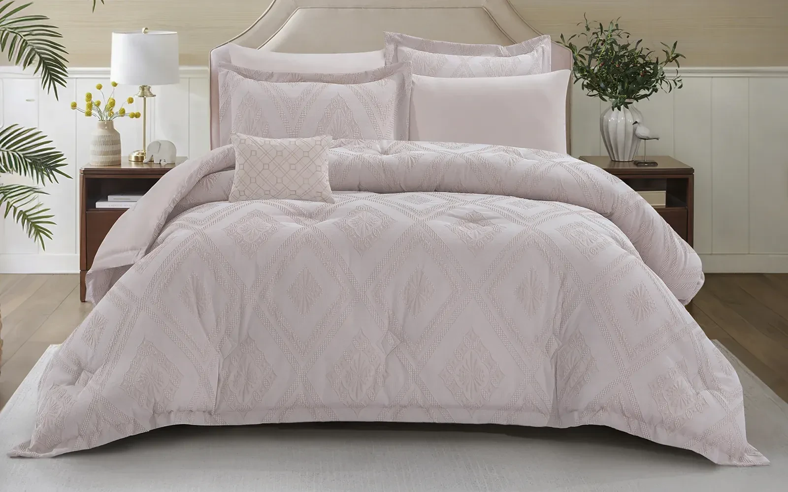 Andalus Cotton Waffle  Jacquard Comforter Bedding Set 7 PCS - King Beige