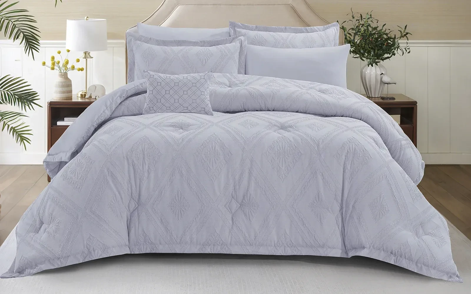 Andalus Cotton Waffle  Jacquard Comforter Bedding Set 7 PCS - King Silver